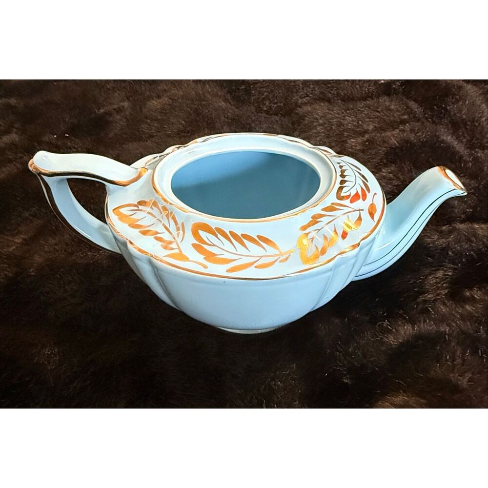 Blue SADLER England Porcelain Lamp Shape TEAPOT Heavy Gilt Leaves & Trim